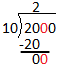The problem works out 2 times 10. The answer 20 is below the dividend as a subtraction problem. 20 minus 20 equals 0.